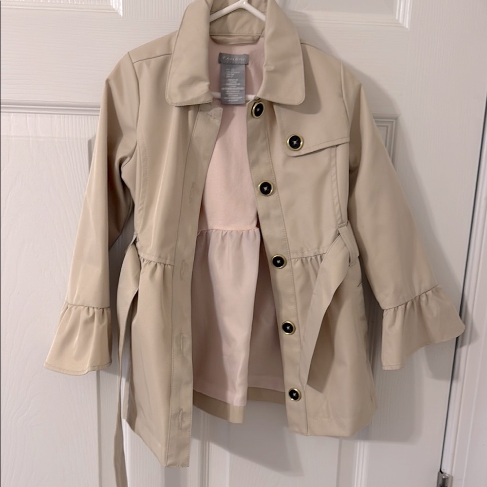Tahari Tan Raincoat with Ruffle Sleeves